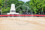 Trooping the Colour 2013: No. 3 Guard, 1st Battalion Welsh Guards, in front of the Guards Memorial, has turned around - they will open a gap in the line for members of the Royal Family to arrive. Image #170, 15 June 2013 10:43 Horse Guards Parade, London, UK