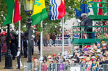 Trooping the Colour 2013: One of the barouche coaches carrying members of the Royal Family can be seen approaching at the Mall (and soon turning towards Horse Guards Parade). Image #177, 15 June 2013 10:48 Horse Guards Parade, London, UK