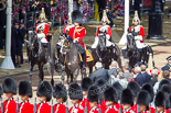 Trooping the Colour 2013: Leading the Royal Procession from The Mall onto Horse Guards Parade - Brigade Major Household Division Lieutenant Colonel Simon Soskin, Grenadier Guards, followed by four Troopers of The Life Guards. Image #228, 15 June 2013 10:55 Horse Guards Parade, London, UK