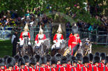 Trooping the Colour 2013: Brigade Major Household Division Lieutenant Colonel Simon Soskin, Grenadier Guards, followed by four Troopers of The Life Guards, leading the Royal Procession onto Horse Guards Parade. Image #230, 15 June 2013 10:56 Horse Guards Parade, London, UK