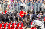 Trooping the Colour 2013: Leading the Royal Procession, Brigade Major Household Division Lieutenant Colonel Simon Soskin, Grenadier Guards, followed by four Troopers of The Life Guards, are marching past No. 6 Guard on the eastern side of Horse Guards Parade. Image #233, 15 June 2013 10:56 Horse Guards Parade, London, UK