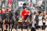 Trooping the Colour 2013: Leading the Royal Procession, Brigade Major Household Division Lieutenant Colonel Simon Soskin, Grenadier Guards, followed by four Troopers of The Life Guards, are marching past No. 6 Guard on the eastern side of Horse Guards Parade. On the bottom left the Colour can just be seen. Image #234, 15 June 2013 10:56 Horse Guards Parade, London, UK