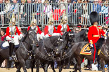 Trooping the Colour 2013: Leading the Royal Procession, Brigade Major Household Division Lieutenant Colonel Simon Soskin, Grenadier Guards, followed by four Troopers of The Life Guards, are marching past No. 6 Guard on the eastern side of Horse Guards Parade. Image #236, 15 June 2013 10:56 Horse Guards Parade, London, UK