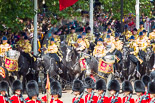 Trooping the Colour 2013: The Mounted Bands of the Household Cavalry are marching down Horse Guards Road as the third element of the Royal Procession, taking position at the northern side of Horse Guards Parade, next to St James's Park. Image #238, 15 June 2013 10:56 Horse Guards Parade, London, UK