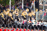 Trooping the Colour 2013: The Mounted Bands of the Household Cavalry are marching down Horse Guards Road as the third element of the Royal Procession, taking position at the northern side of Horse Guards Parade, next to St James's Park. Image #239, 15 June 2013 10:56 Horse Guards Parade, London, UK