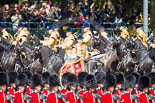 Trooping the Colour 2013: The Mounted Bands of the Household Cavalry are marching down Horse Guards Road as the third element of the Royal Procession, taking position at the northern side of Horse Guards Parade, next to St James's Park. In the centre the Blues and Royals Kettle Drummer. Image #244, 15 June 2013 10:57 Horse Guards Parade, London, UK