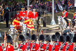 Trooping the Colour 2013: The Glass Coach carrying HM The Queen arrives at Horse Guards Parade, drawn by two Windsor Grey horses. On the very right HRH The Duke of Cambridge and HRH The Prince of Wales. Image #251, 15 June 2013 10:58 Horse Guards Parade, London, UK