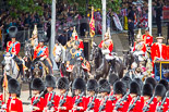 Trooping the Colour 2013: The Glass Coach carrying HM The Queen arrives at Horse Guards Parade. Behind three Royal Colonels, HRH The Duke of Cambridge, HRH The Prince of Wales, and HRH The Princess Royal. Behind them the Field Officer of the Escort, the Escort Commander, Standard Coverer, Standard Bearer, and Trumpeter. Image #255, 15 June 2013 10:58 Horse Guards Parade, London, UK