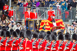 Trooping the Colour 2013: The Glass Coach carrying HM The Queen and HRH The Duke of Kent arrives as Horse Guards Parade, passing No. 6 Guard, No. 7 Company Coldstream Guards. Image #256, 15 June 2013 10:58 Horse Guards Parade, London, UK