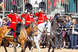 Trooping the Colour 2013: The Foot Guards Regimental Adjutants - Colonel T C S Bonas,Welsh Guards, Colonel T C R B Purdon, Irish Guards, and Colonel D D S A Vandeleur, Coldstream Guards, saluting the Colour. Image #287, 15 June 2013 10:59 Horse Guards Parade, London, UK