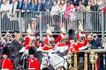 Trooping the Colour 2013: The Four Troopers of The Life Guards during the Inspection of the Line, after passing the Adjutant of the Parade. On the bottom right the Glass Coach with Her Majesty, and the top of the Colour just visible in front of the Glass Coach. Image #336, 15 June 2013 11:04 Horse Guards Parade, London, UK