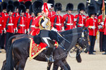 Trooping the Colour 2013: The Silver-Stick-in-Waiting, Colonel Stuart Cowen, The Blues and Royals, the Chief of Staff, Colonel Hugh Bodington, Welsh Guards, and Aide-de-Camp, Captain John James Hathaway-White, Grenadier Guards, about to salute the Colour during the Inspection of the Line. Image #340, 15 June 2013 11:04 Horse Guards Parade, London, UK
