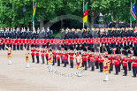 Trooping the Colour 2013: The five Drum Majors leading the Massed Bands during the Massed Bands Troop. Behind the line of guardsmen, with the red plumes, the Household Cavalry (The Blues and Royals) and next to them the Mounted Bands of the Household Cavalry. Image #412, 15 June 2013 11:13 Horse Guards Parade, London, UK