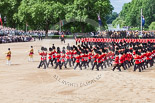 Trooping the Colour 2013: The Massed Band Troop - the final stages of the countermarch. No. 1 Guard, the Escort for the Colour, is to the right of the musicians. Behind them The King's Troop Royal Horse Artillery and St James's Park Lake, next to them, on horseback, the Major of the Parade. Image #414, 15 June 2013 11:13 Horse Guards Parade, London, UK