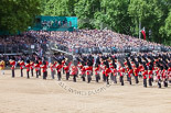 Trooping the Colour 2013: The Massed Band Troop - the countermarch is about to end. In the top right of the image one of the press stands used by the BBC for their live broadcast, with Huw Edwards and his team in the green box next to the press stand. Image #418, 15 June 2013 11:14 Horse Guards Parade, London, UK