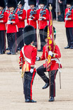 Trooping the Colour 2013: The Colour has been handed over from Colour Sergeant R J Heath, Welsh Guard to the Regimental Sergeant Major, WO1 Martin Topps, Welsh Guards. He now presents the Colour to the Ensign, Ensign, Second Lieutenant Joel Dinwiddle, who salutes the Colour with his sword. Image #454, 15 June 2013 11:21 Horse Guards Parade, London, UK