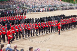 Trooping the Colour 2013: No. 5 Guard, F Company Scots Guards, during the March Past. In front, swords drawn, Major J A Hughes and Second Lieutenant P M Prys-Roberts. Image #549, 15 June 2013 11:37 Horse Guards Parade, London, UK