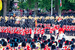 Trooping the Colour 2013: No. 1 Guard (Escort for the Colour),1st Battalion Welsh Guards, at the beginning of the March Past in Quick Time. Behind them the Mounted Bands of the Household Cavalry. Image #576, 15 June 2013 11:42 Horse Guards Parade, London, UK
