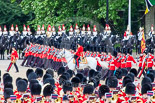 Trooping the Colour 2013: No. 1 Guard (Escort for the Colour),1st Battalion Welsh Guards, at the beginning of the March Past in Quick Time. Behind them the Mounted Bands of the Household Cavalry. The Field Officer returns to the head of the march past. Image #581, 15 June 2013 11:42 Horse Guards Parade, London, UK