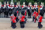 Trooping the Colour 2013: No. 1 Guard (Escort for the Colour),1st Battalion Welsh Guards, during the March Past in Quick Time. Behind them The Life Guards, Household Cavalry. Image #583, 15 June 2013 11:42 Horse Guards Parade, London, UK