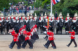 Trooping the Colour 2013: No. 1 Guard (Escort for the Colour),1st Battalion Welsh Guards, during the March Past in Quick Time. Behind them The Life Guards, Household Cavalry. Image #584, 15 June 2013 11:42 Horse Guards Parade, London, UK