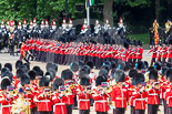 Trooping the Colour 2013: The March Past in Quick Time. The guards are marching beween the Massed Bands, in front, and the Blues and Royals behind them. Image #620, 15 June 2013 11:48 Horse Guards Parade, London, UK