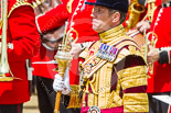 Trooping the Colour 2013: A close-up, profile view of Senior Drum Major M J Betts, Grenadier Guards at the end of the March Past in Quick Time. Image #631, 15 June 2013 11:51 Horse Guards Parade, London, UK