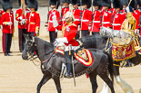 Trooping the Colour 2013: The Ride Past - the Mounted Bands of the Household Cavalry move, from the eastern side, onto Horse Guards Parade. The Director of Music of the Household Cavalry, Major Paul Wilman, The Life Guardsis followed by the kettle drummer from The Life Guards. Image #646, 15 June 2013 11:52 Horse Guards Parade, London, UK
