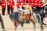 Trooping the Colour 2013: The Ride Past - the Mounted Bands of the Household Cavalry move, from the eastern side, onto Horse Guards Parade. Here the kettle drummer from The Blues and Royals. Image #648, 15 June 2013 11:52 Horse Guards Parade, London, UK