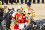 Trooping the Colour 2013: The Director of Music of the Household Cavalry, Major Paul Wilman, The Life Guards, during the Mounted Troops Ride Past. Behind him the kettle drummer from The Blues and Royals. Image #659, 15 June 2013 11:53 Horse Guards Parade, London, UK