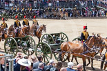 Trooping the Colour 2013: The Ride Past - the King's Troop Royal Horse Artillery. Six horses are pulling a WWI 13-pounder field gun. Image #672, 15 June 2013 11:54 Horse Guards Parade, London, UK
