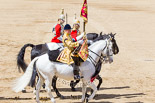 Trooping the Colour 2013: The Trumpeter (Lance Corporal Ben Ruffer, The Life Guards), the Standard Bearer (Squadron Corporal Major Kris Newell, The Life Guards) and the Standard Coverer (Staff Corporal Steve Chinn, The Life Guards) leading the Ride Past for the Household Cavalry. Image #691, 15 June 2013 11:55 Horse Guards Parade, London, UK