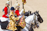 Trooping the Colour 2013: The Trumpeter (Lance Corporal Ben Ruffer, The Life Guards), the Standard Bearer (Squadron Corporal Major Kris Newell, The Life Guards) and the Standard Coverer (Staff Corporal Steve Chinn, The Life Guards) leading the Ride Past for the Household Cavalry. Image #692, 15 June 2013 11:55 Horse Guards Parade, London, UK