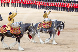 Trooping the Colour 2013: The two kettle drummers, saluting Her Majesty, as the Mounted Bands are about to march off. Image #747, 15 June 2013 12:00 Horse Guards Parade, London, UK