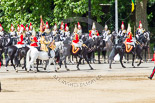 Trooping the Colour 2013: The Household Cavalry is marching off, led by the Field Officer of the Escort, Major Nick Stewart, The Life Guards, followed by the Trumpeter, Standard Bearer, and Standard Coverer. Image #777, 15 June 2013 12:06 Horse Guards Parade, London, UK