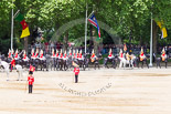 Trooping the Colour 2013: The Household Cavalry is marching off, led by the Field Officer of the Escort, Major Nick Stewart, The Life Guards, followed by the Trumpeter, Standard Bearer, and Standard Coverer. Image #780, 15 June 2013 12:06 Horse Guards Parade, London, UK