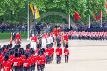 Trooping the Colour 2013: The March Off - the Massed Bands are leaving towards The Mall, followed by the glass coach carrying HM The Queen and HRH The Duke of Kent. Behind members of the Royal Procession, followed by No. 1 Guard, carrying the Colour. Image #846, 15 June 2013 12:12 Horse Guards Parade, London, UK