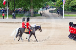 Trooping the Colour 2013: Following the six guards divisions during the March Off are the Adjutant of the Parade, Captain C J P Davies, Welsh Guards, on the white horse, and the Major of the Parade, Major H G C Bettinson, Welsh Guards, on the dark horse. Image #847, 15 June 2013 12:12 Horse Guards Parade, London, UK