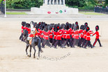 Trooping the Colour 2013: Following the six guards divisions during the March Off are the Adjutant of the Parade, Captain C J P Davies, Welsh Guards, on the white horse, and the Major of the Parade, Major H G C Bettinson, Welsh Guards, on the dark horse. Image #848, 15 June 2013 12:12 Horse Guards Parade, London, UK