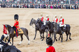 Trooping the Colour 2013: The March Off - Brigade Major Household Division Lieutenant Colonel Simon Soskin, Grenadier Guards, is followed by the four troopers of The Life Guards. Image #851, 15 June 2013 12:12 Horse Guards Parade, London, UK