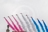 Trooping the Colour 2013: The RAF Flypast - the Red Arrows, red, white and blue smoke!. Image #924, 15 June 2013 13:03 Horse Guards Parade, London, UK