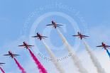 Trooping the Colour 2013: The RAF Flypast - the Red Arrows, red, white and blue smoke!. Image #929, 15 June 2013 13:03 Horse Guards Parade, London, UK