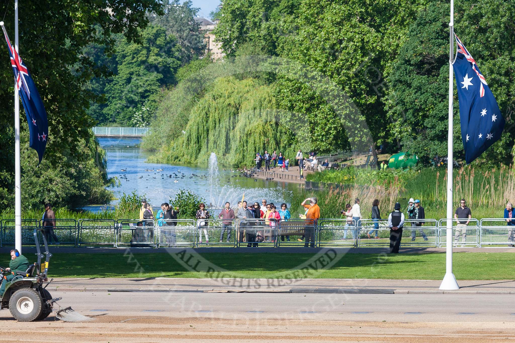 The morning of the Colonel's Review, only a few visitors are at the lake in St James's Park.