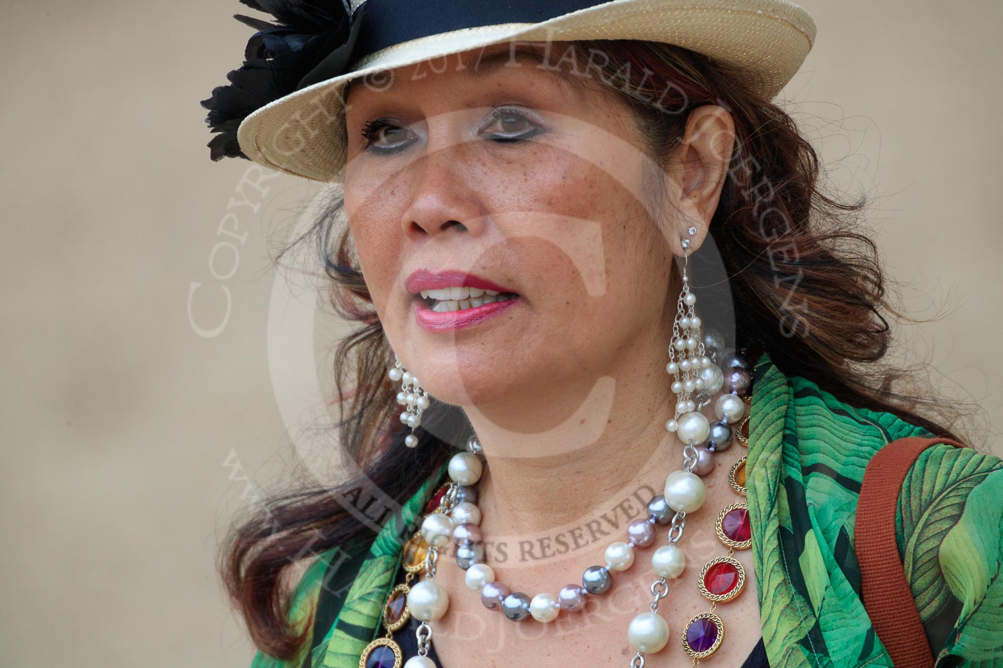 A lady wearing pearl necklaces and earrings arriving at Horse Guards Parade before  The Colonel's Review 2018 (final rehearsal for Trooping the Colour, The Queen's Birthday Parade)  at Horse Guards Parade, Westminster, London, 2 June 2018, 09:45.