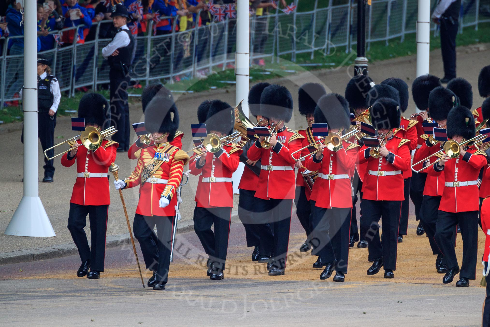 The Band of the Welsh Guards marching from The Mall to Horse Guards Parade, past the Youth Enclosure, during The Colonel's Review 2018 (final rehearsal for Trooping the Colour, The Queen's Birthday Parade)  at Horse Guards Parade, Westminster, London, 2 June 2018, 10:11.