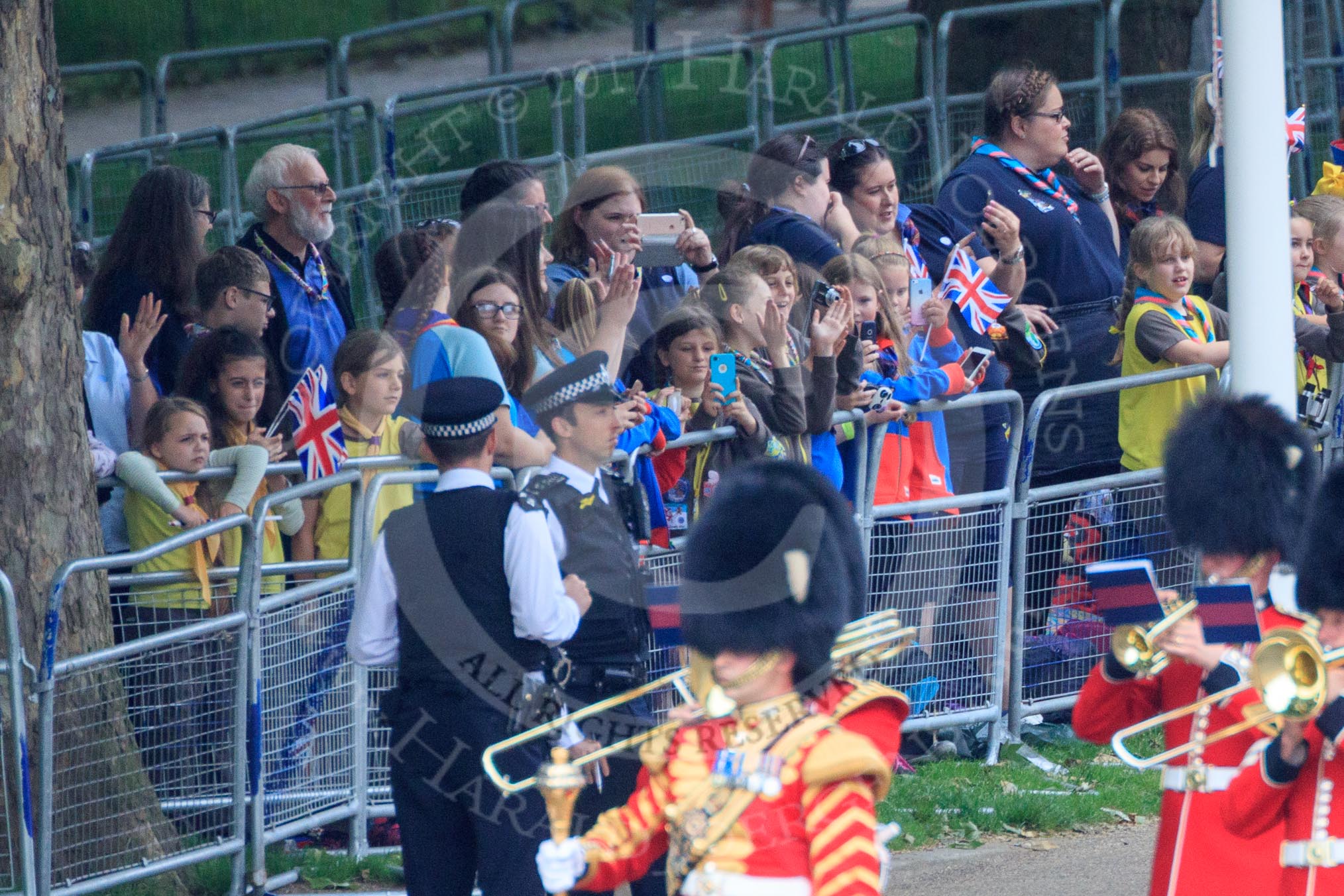 The Band of the Welsh Guards marching from The Mall to Horse Guards Parade, past the Youth Enclosure, during The Colonel's Review 2018 (final rehearsal for Trooping the Colour, The Queen's Birthday Parade)  at Horse Guards Parade, Westminster, London, 2 June 2018, 10:12.