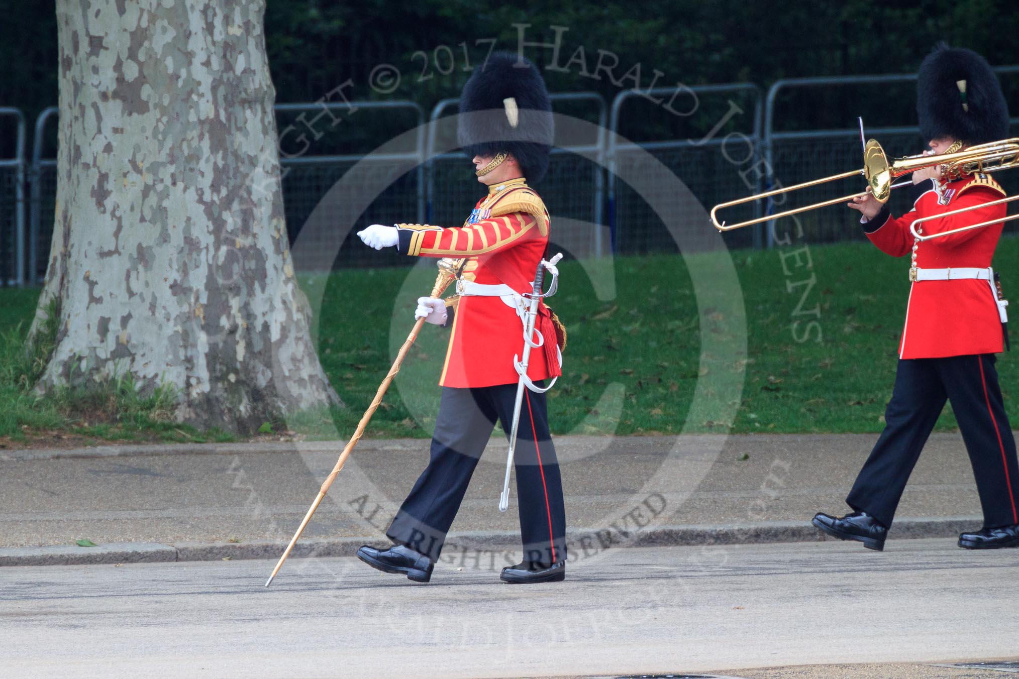 Senior Drum Major Damian Thomas, leading the Band of the Welsh Guards along Green Park, during The Colonel's Review 2018 (final rehearsal for Trooping the Colour, The Queen's Birthday Parade)  at Horse Guards Parade, Westminster, London, 2 June 2018, 10:12.