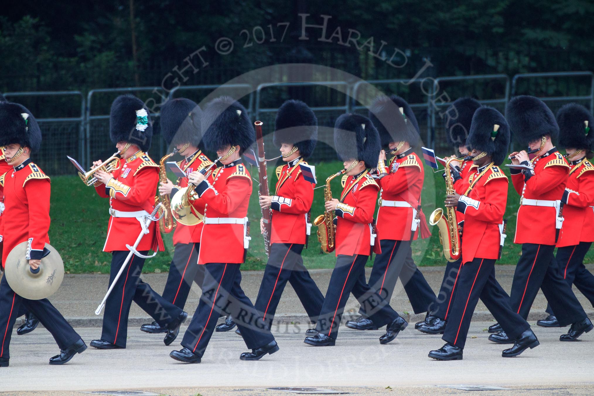 The Band of the Welsh Guards  marching past Green Park during The Colonel's Review 2018 (final rehearsal for Trooping the Colour, The Queen's Birthday Parade)  at Horse Guards Parade, Westminster, London, 2 June 2018, 10:12.