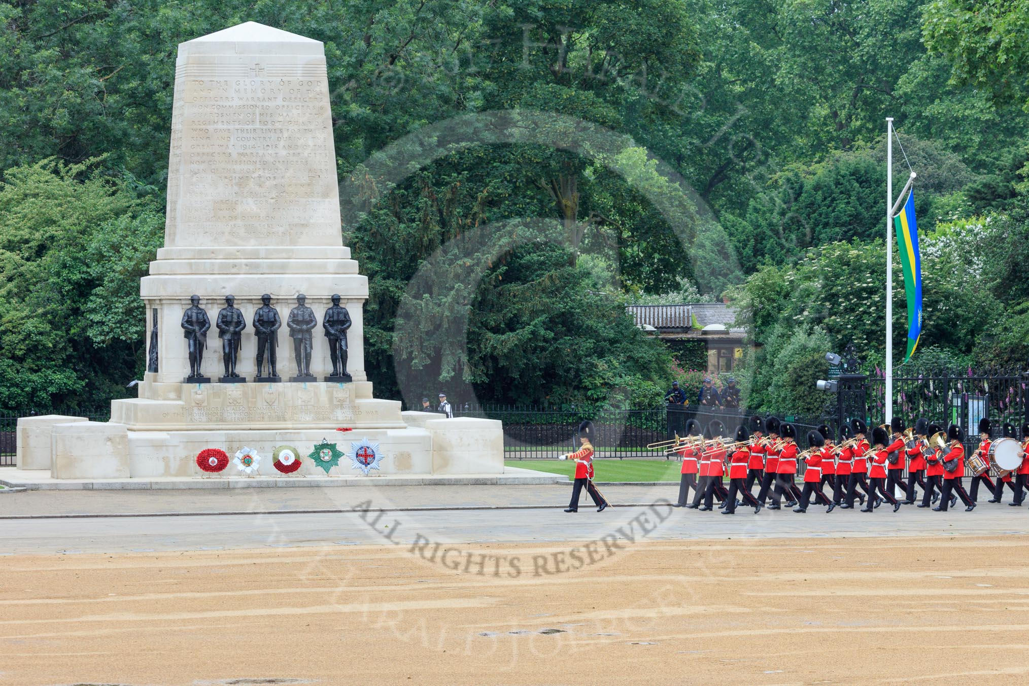 The Band of the Welsh Guards marching past the Guards Memorial during The Colonel's Review 2018 (final rehearsal for Trooping the Colour, The Queen's Birthday Parade)  at Horse Guards Parade, Westminster, London, 2 June 2018, 10:12.