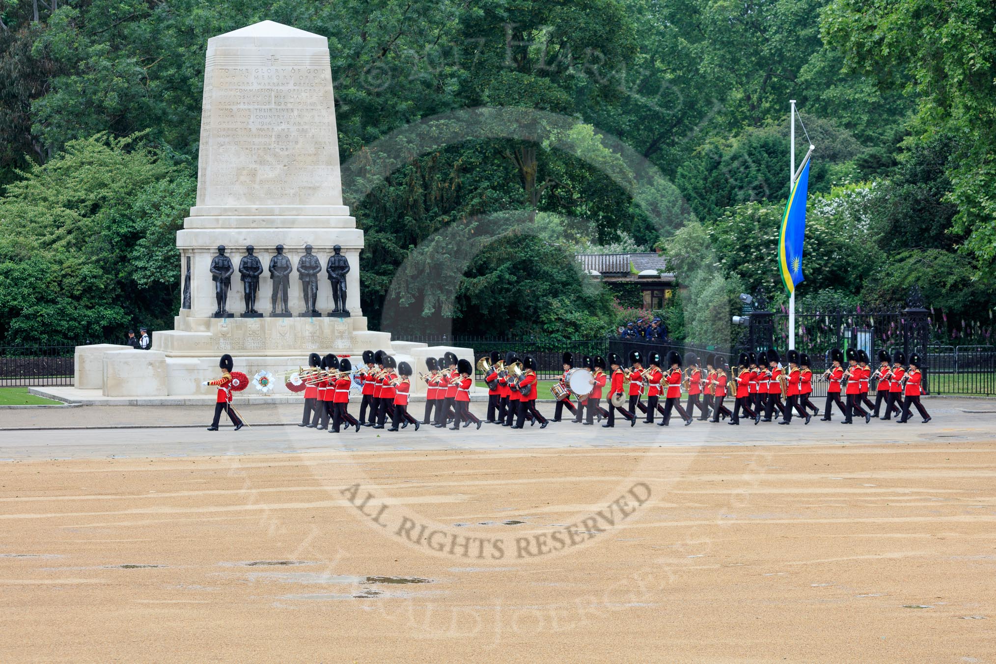 The Band of the Welsh Guards marching past the Guards Memorial during The Colonel's Review 2018 (final rehearsal for Trooping the Colour, The Queen's Birthday Parade)  at Horse Guards Parade, Westminster, London, 2 June 2018, 10:13.